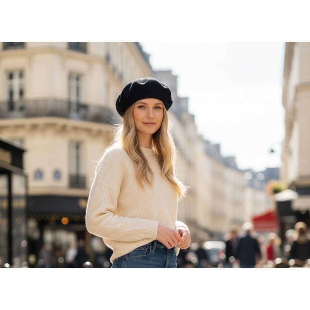 Beret French Style Women's Black 100% Wool Lightweight Casual Classic Chic